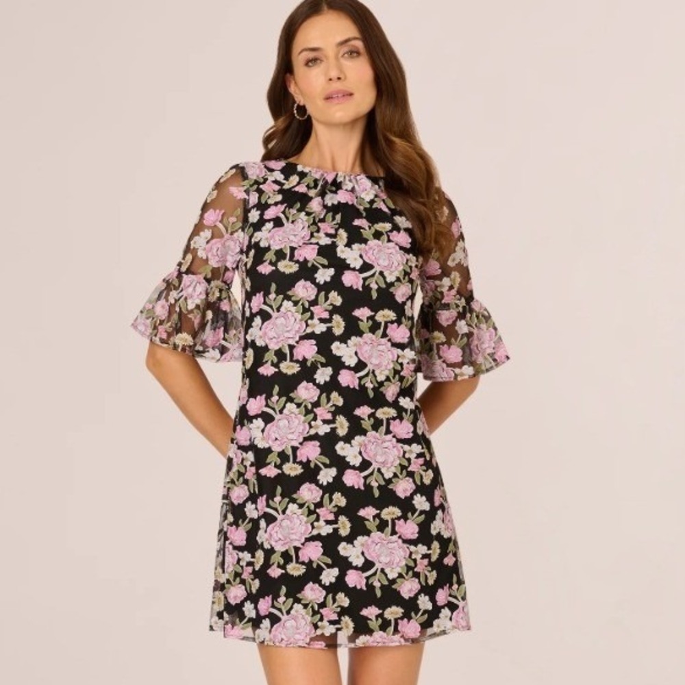 Adrianna Papell Bell Sleeve Floral Embroidered Short Dress Black Multi Size 12P